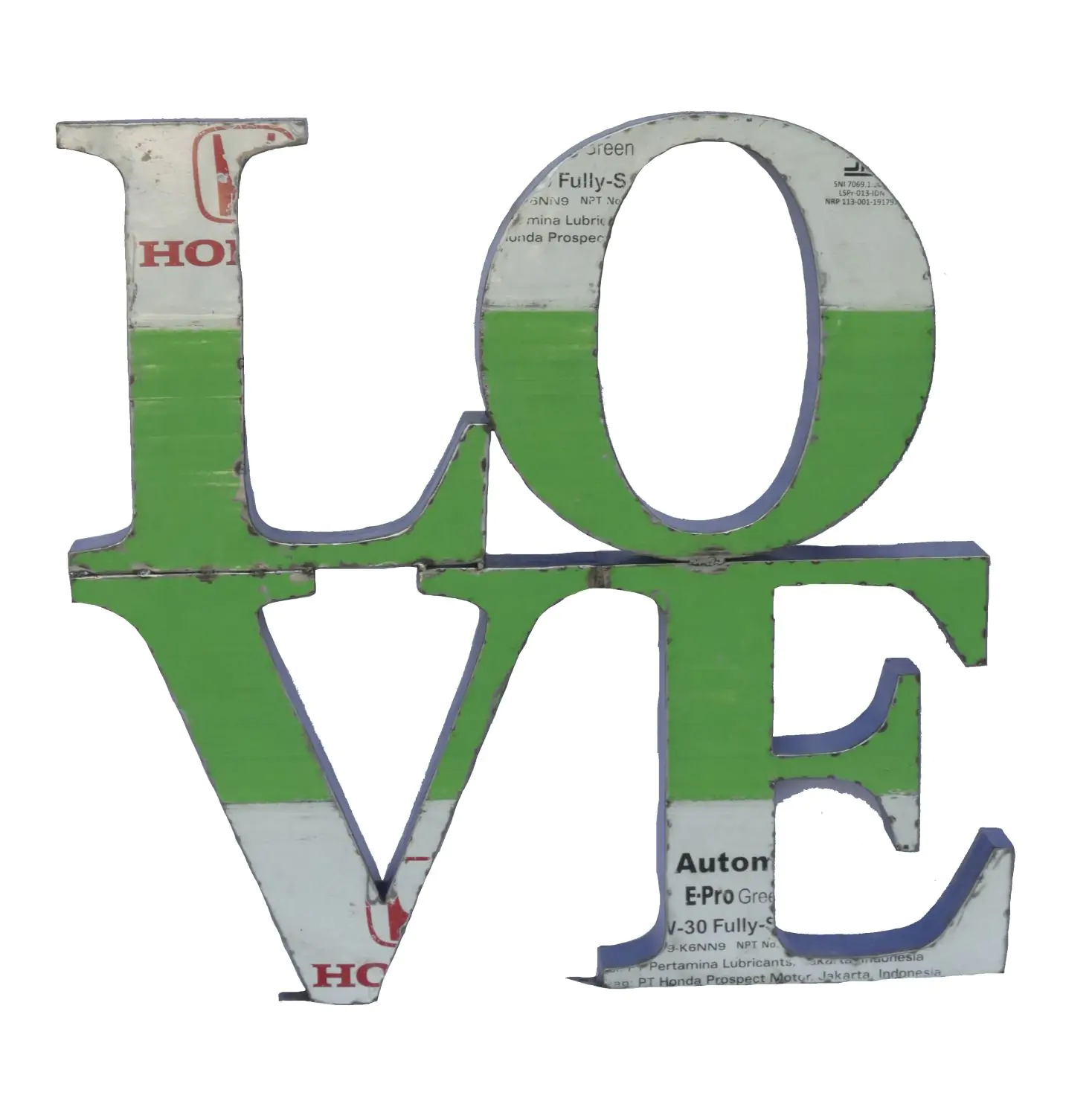  Product image 1 of the product “Letter LOVE in Small as wall hanger, 105 x 101cm, object from upcyceled oil barrel. ”